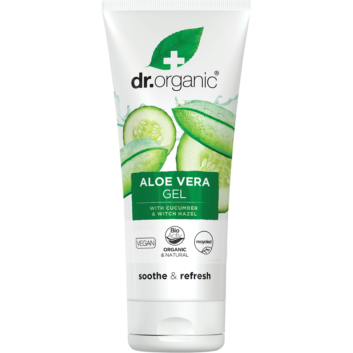 Dr Organic 200ml Aloe Vera Gel with Cucumber tube featuring green and white label with botanical illustrations.