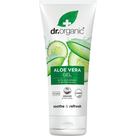 Dr Organic 200ml Aloe Vera Gel with Cucumber tube featuring green and white label with botanical illustrations.