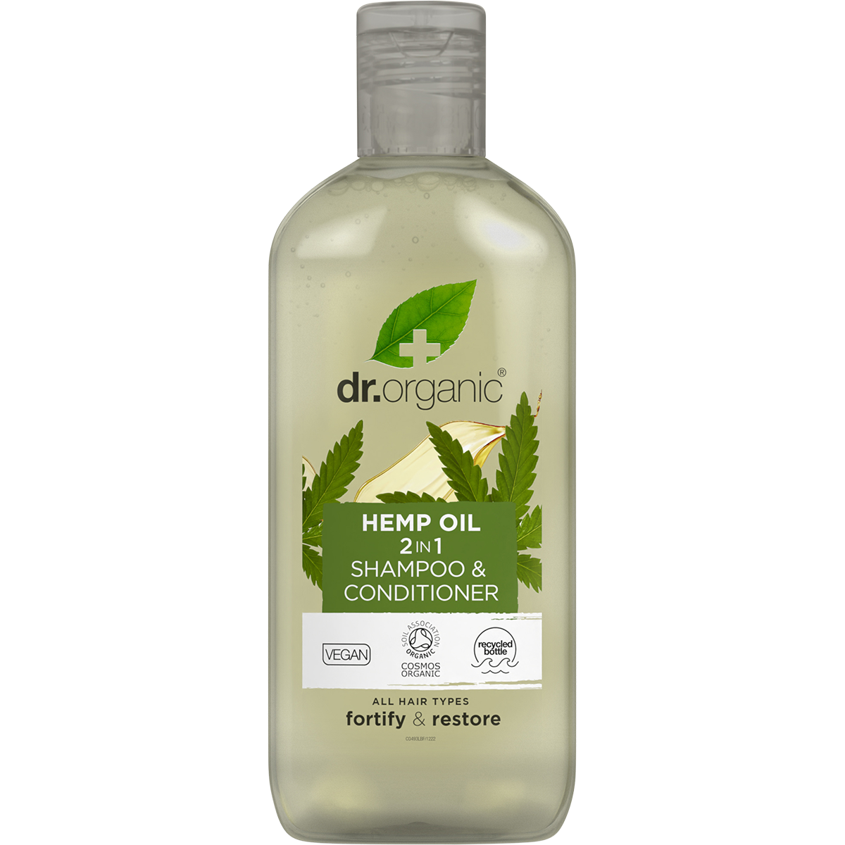 Dr Organic Hemp Oil 2 in 1 Shampoo and Conditioner 265ml bottle featuring a green leaf and white label.