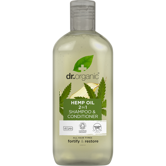 Dr Organic Hemp Oil 2 in 1 Shampoo and Conditioner 265ml bottle featuring a green leaf and white label.