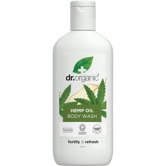 Dr Organic Hemp Oil Body Wash in a 250ml white bottle with a green leaf design and black flip-top lid.
