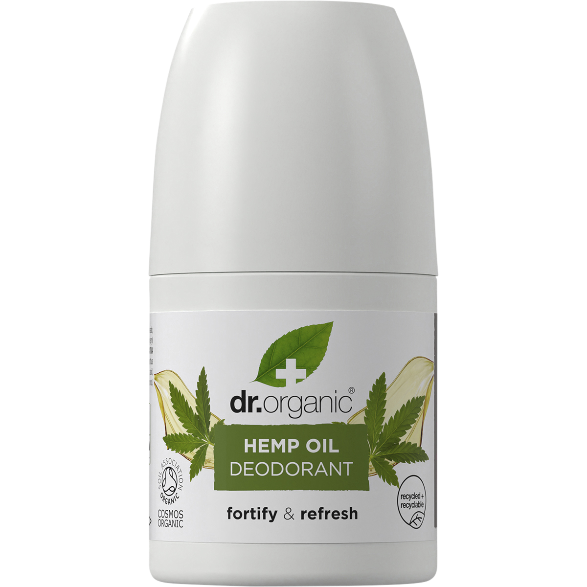 Dr Organic 50ml Hemp Oil roll-on deodorant bottle with a green and white label on a clean white background.
