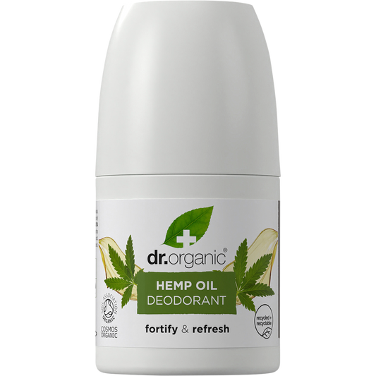 Dr Organic 50ml Hemp Oil roll-on deodorant bottle with a green and white label on a clean white background.