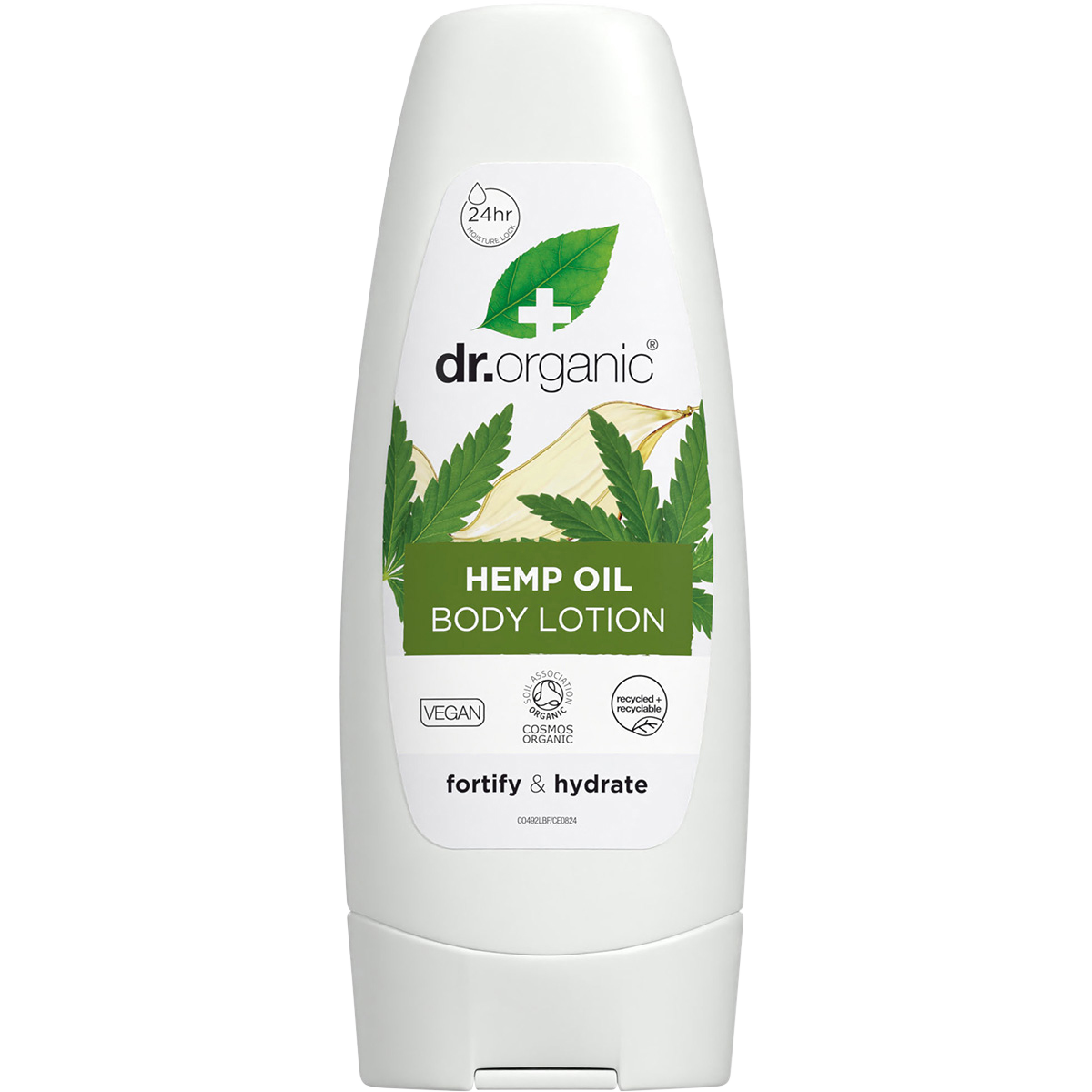 200ml bottle of Dr Organic Hemp Oil Body Lotion with a green leaf design, featuring organic and bioactive ingredients.