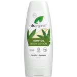 200ml bottle of Dr Organic Hemp Oil Body Lotion with a green leaf design, featuring organic and bioactive ingredients.
