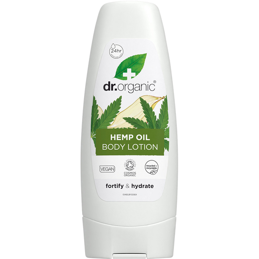 200ml bottle of Dr Organic Hemp Oil Body Lotion with a green leaf design, featuring organic and bioactive ingredients.