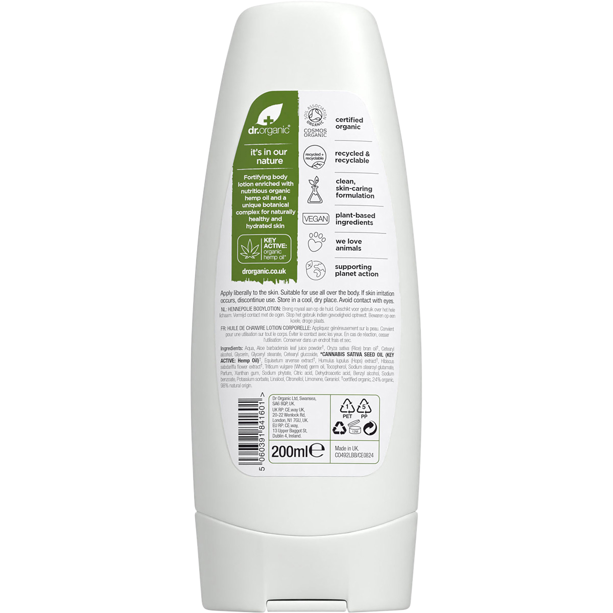 The back of a Dr Organic Hemp Oil Body Lotion 200ml tube, detailing product benefits and ingredients.