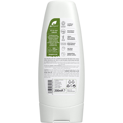 The back of a Dr Organic Hemp Oil Body Lotion 200ml tube, detailing product benefits and ingredients.