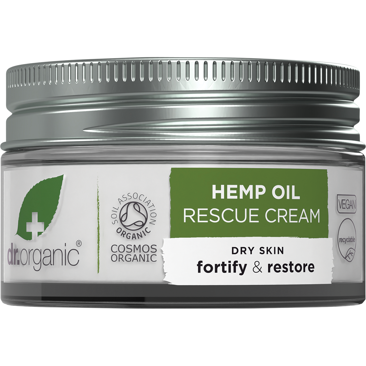 Dr Organic Rescue Cream Hemp Oil 50ml jar on a white background with green and black label text.