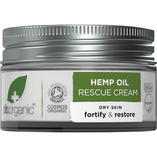 Dr Organic Rescue Cream Hemp Oil 50ml jar on a white background with green and black label text.