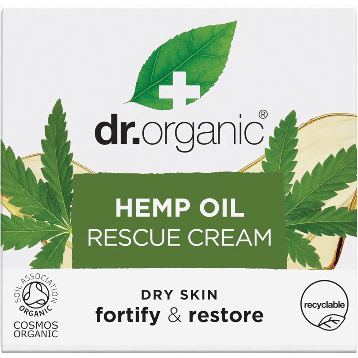 Dr Organic Hemp Oil Rescue Cream 50ml product box featuring green and black text on a white background.