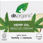 Dr Organic Hemp Oil Rescue Cream 50ml product box featuring green and black text on a white background.