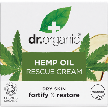 Dr Organic Hemp Oil Rescue Cream 50ml product box featuring green and black text on a white background.