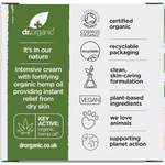 Back of Dr Organic Hemp Oil Rescue Cream box with nutrition facts, ingredients, and directions for use.