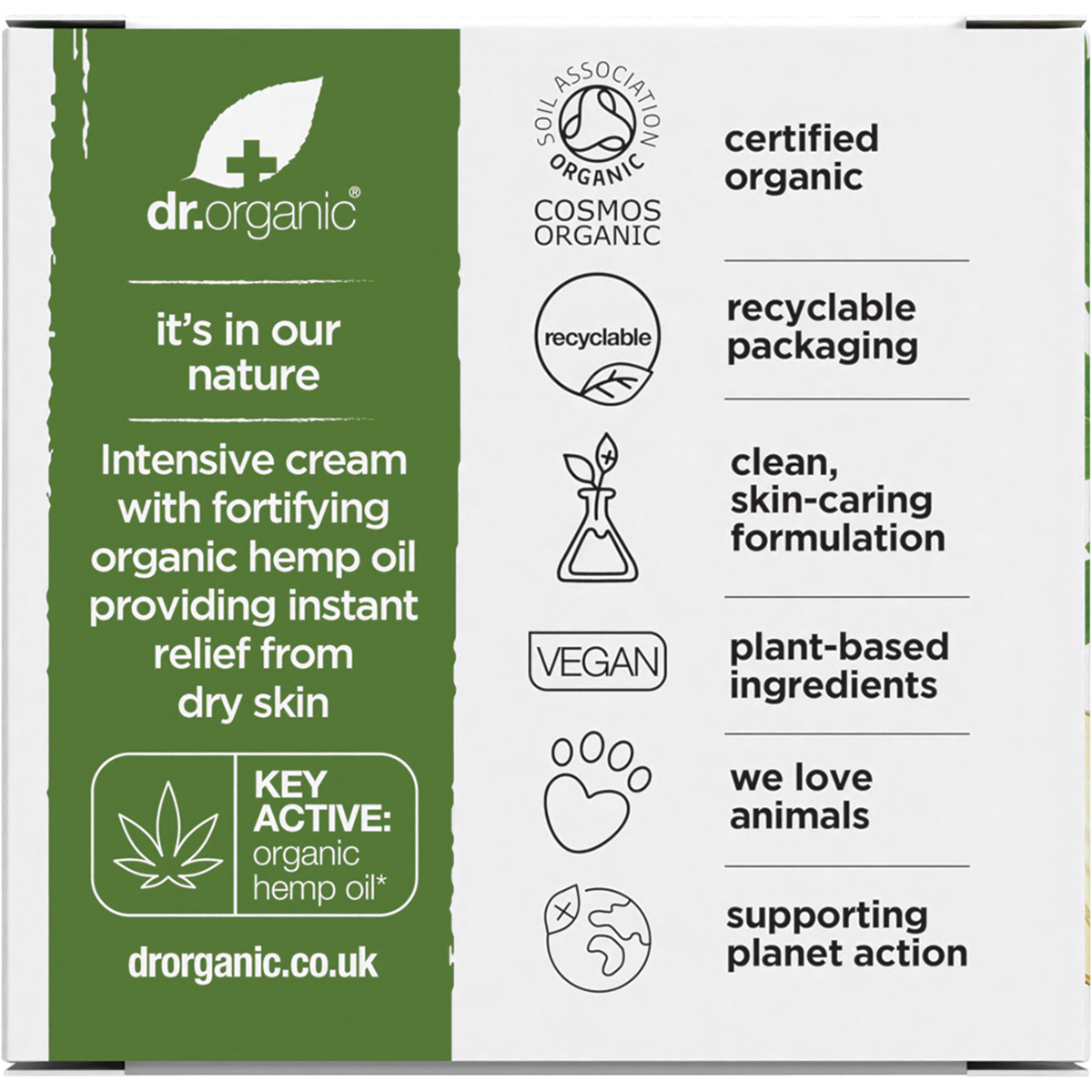 Back of Dr Organic Hemp Oil Rescue Cream box with nutrition facts, ingredients, and directions for use.