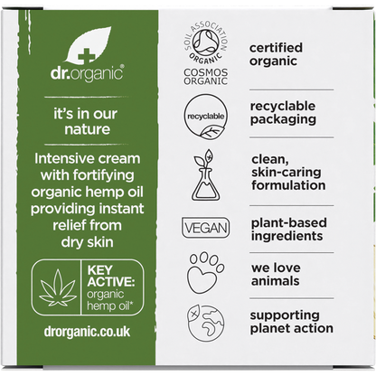 Back of Dr Organic Hemp Oil Rescue Cream box with nutrition facts, ingredients, and directions for use.
