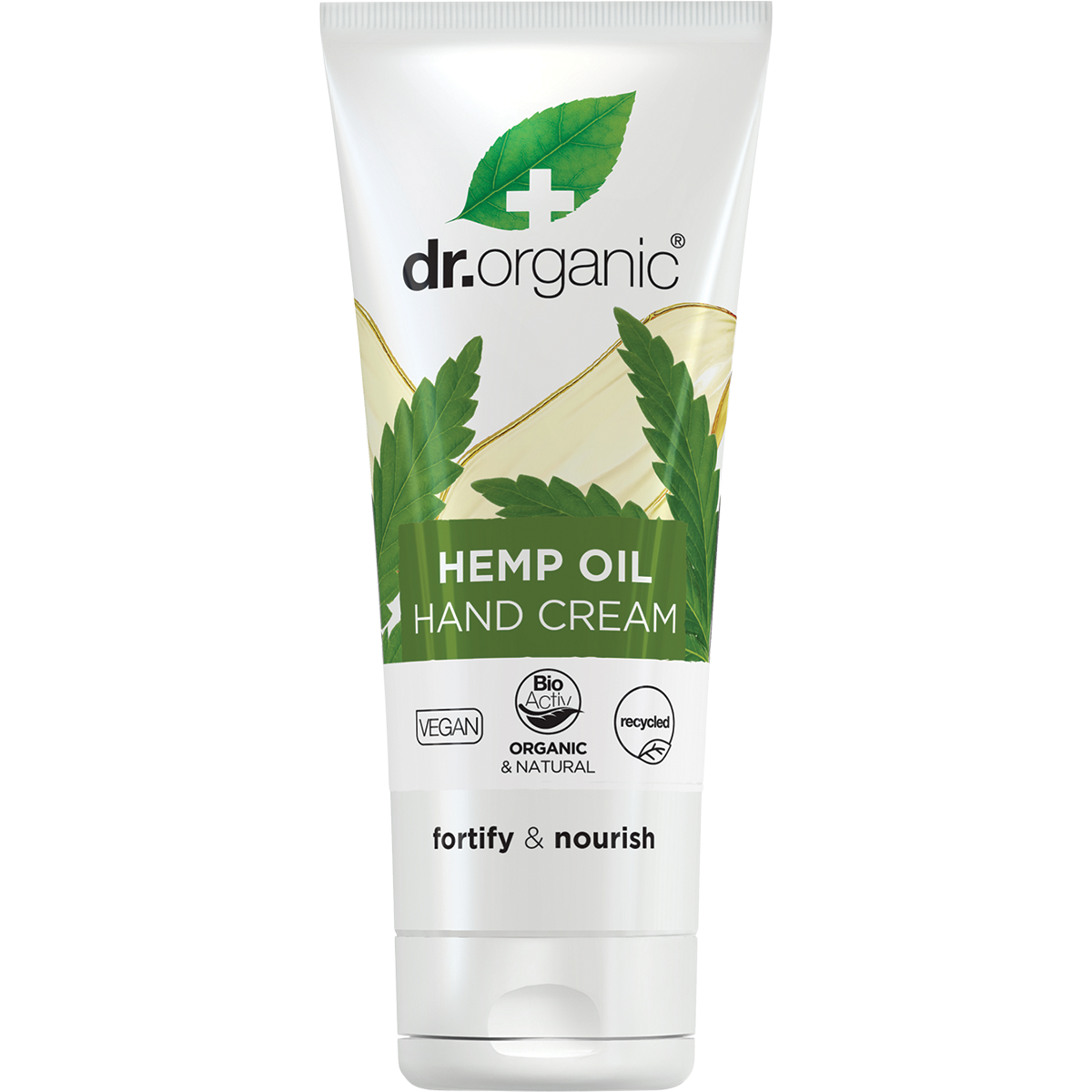 100ml tube of Dr Organic Hemp Oil Hand and Nail Treatment with a white cap and green botanical leaf design.