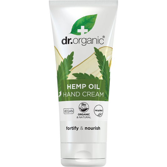 100ml tube of Dr Organic Hemp Oil Hand and Nail Treatment with a white cap and green botanical leaf design.