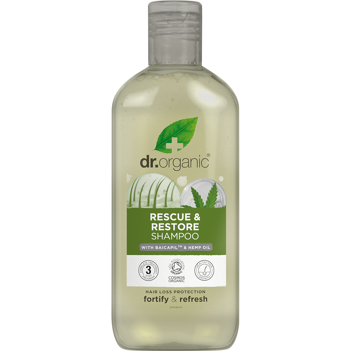 265ml bottle of Dr Organic Rescue and Restore Shampoo with Organic Hemp Oil for fine and thinning hair.