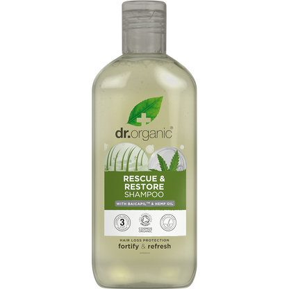 265ml bottle of Dr Organic Rescue and Restore Shampoo with Organic Hemp Oil for fine and thinning hair.