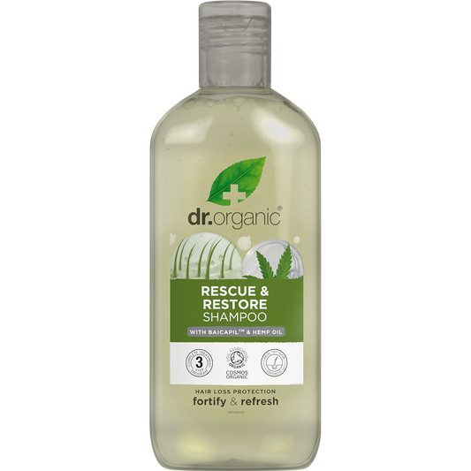 265ml bottle of Dr Organic Rescue and Restore Shampoo with Organic Hemp Oil for fine and thinning hair.