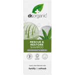 Dr Organic Rescue and Restore Shampoo box with hemp leaf illustrations and organic certification seals.