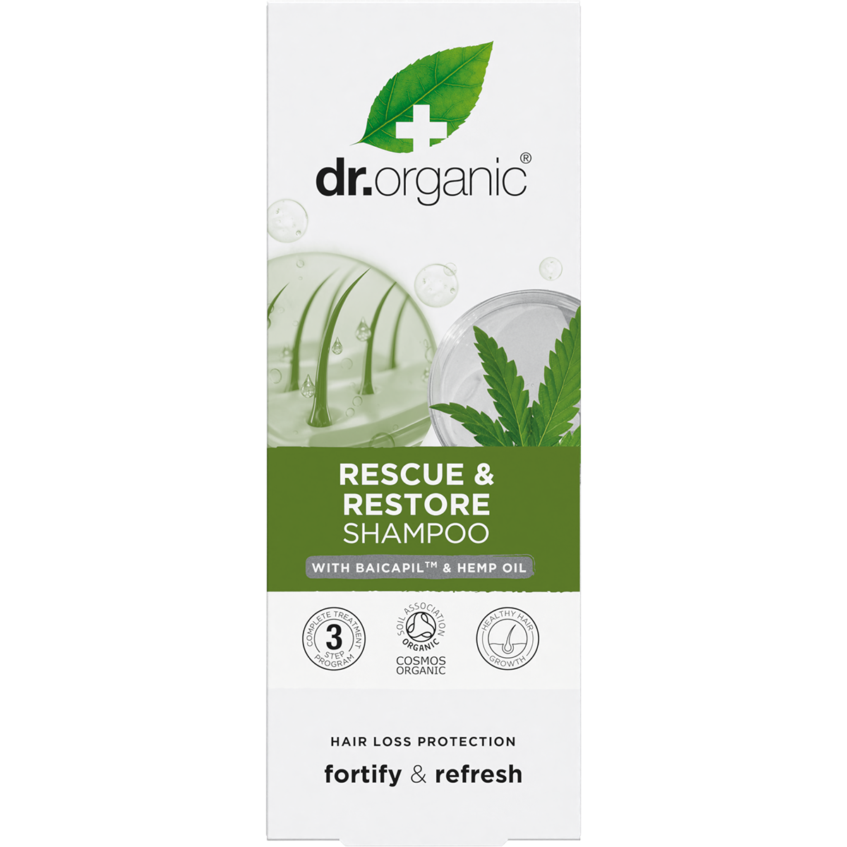 Dr Organic Rescue and Restore Shampoo box with hemp leaf illustrations and organic certification seals.