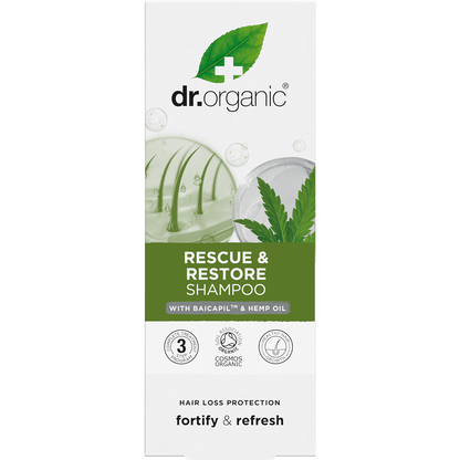 Dr Organic Rescue and Restore Shampoo box with hemp leaf illustrations and organic certification seals.