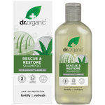 Dr Organic Rescue and Restore Hemp Oil Shampoo bottle and retail box featuring green hemp leaf illustrations.