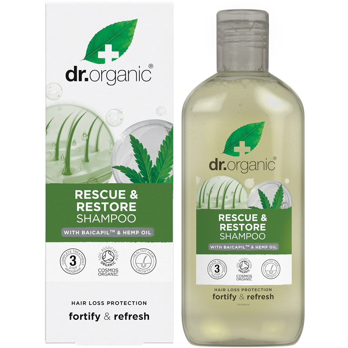 Dr Organic Rescue and Restore Hemp Oil Shampoo bottle and retail box featuring green hemp leaf illustrations.