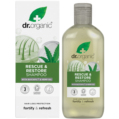 Dr Organic Rescue and Restore Hemp Oil Shampoo bottle and retail box featuring green hemp leaf illustrations.