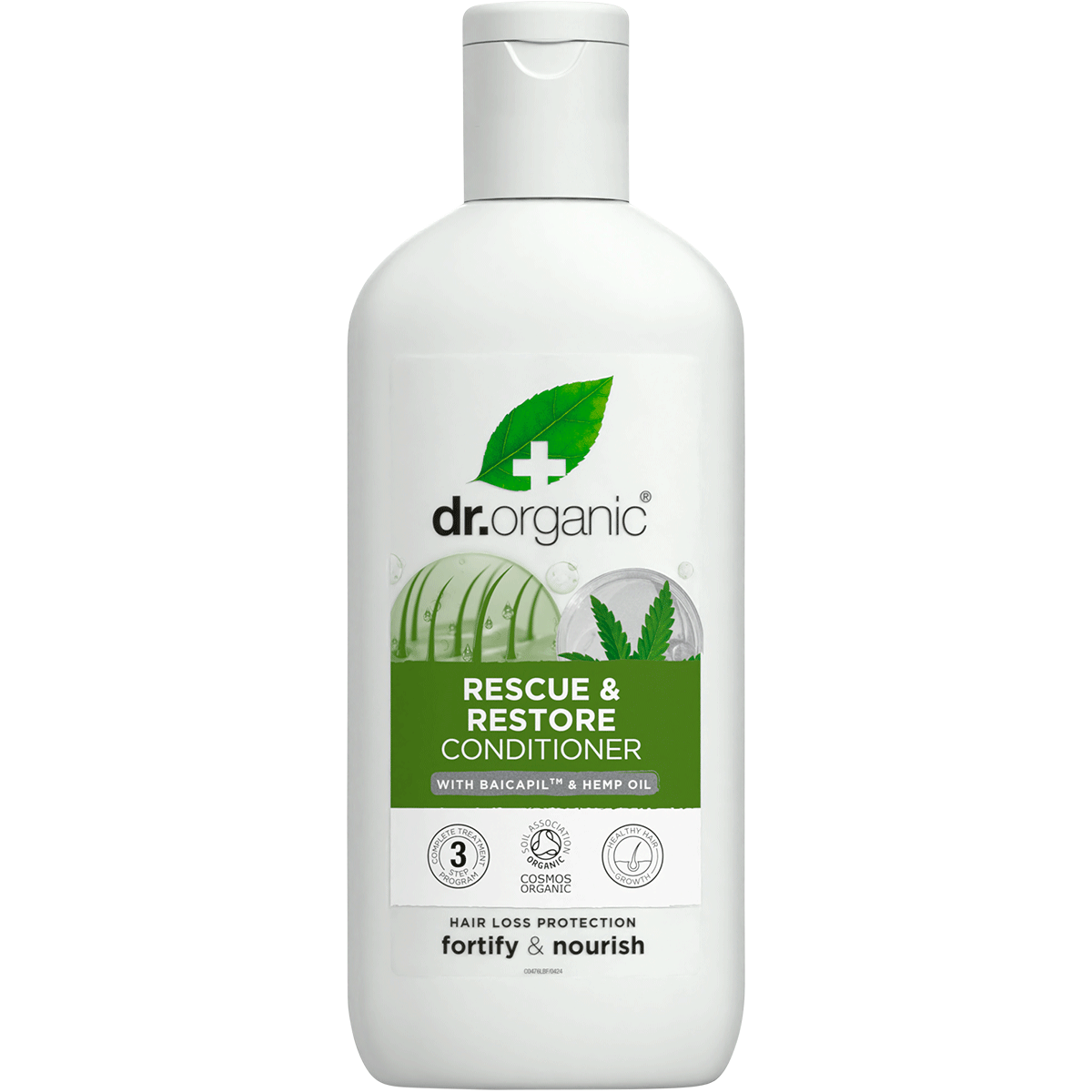 265ml bottle of Dr Organic Rescue and Restore Conditioner with Organic Hemp Oil for thinning hair.