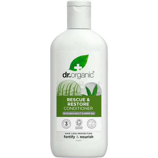 265ml bottle of Dr Organic Rescue and Restore Conditioner with Organic Hemp Oil for thinning hair.