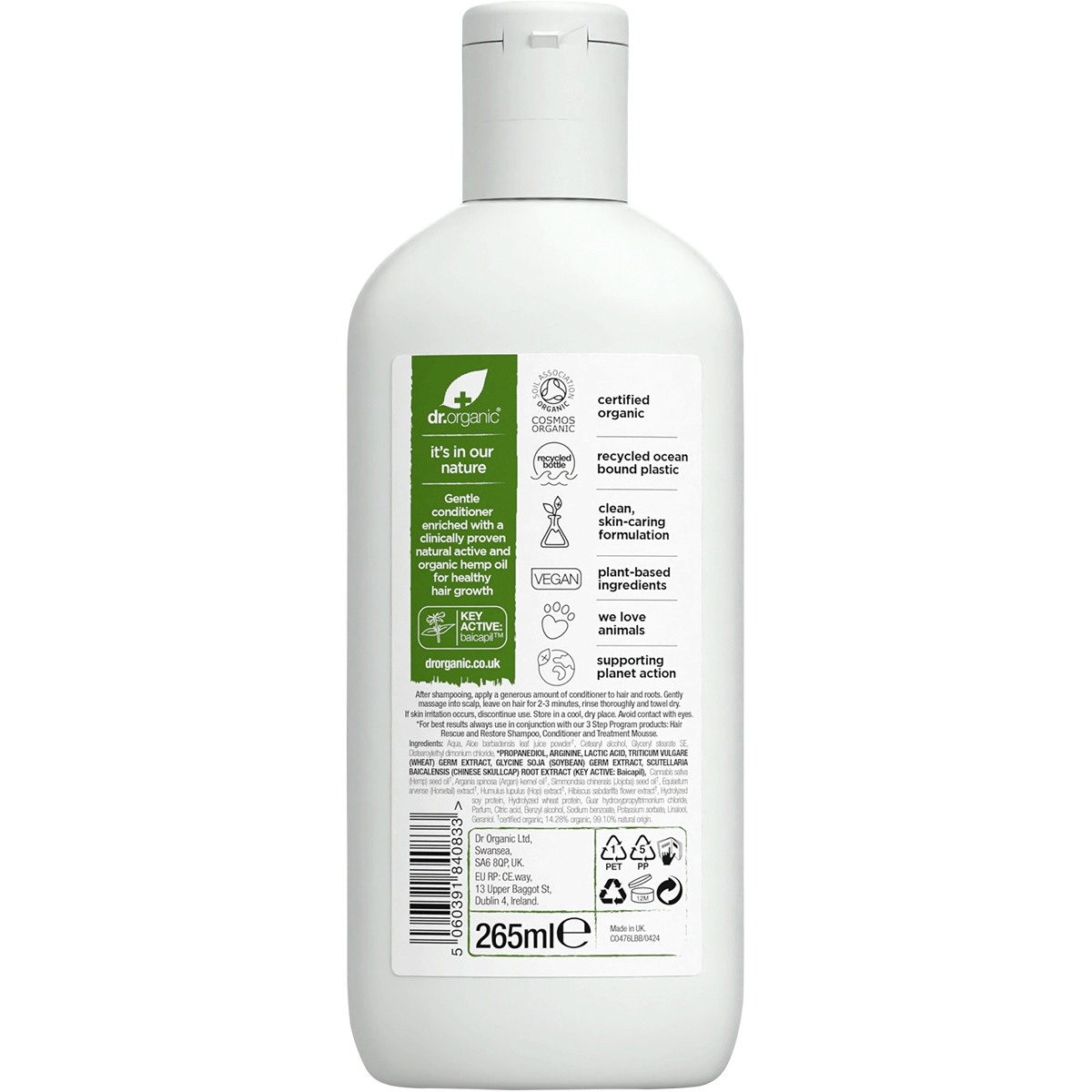 Back of Dr Organic Hemp Oil Conditioner 265ml bottle with ingredients, directions, and usage information.