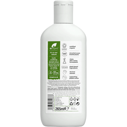 Back of Dr Organic Hemp Oil Conditioner 265ml bottle with ingredients, directions, and usage information.