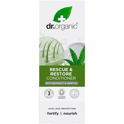 Front of Dr Organic Hemp Oil Conditioner box featuring green and white design for fine, thinning hair.