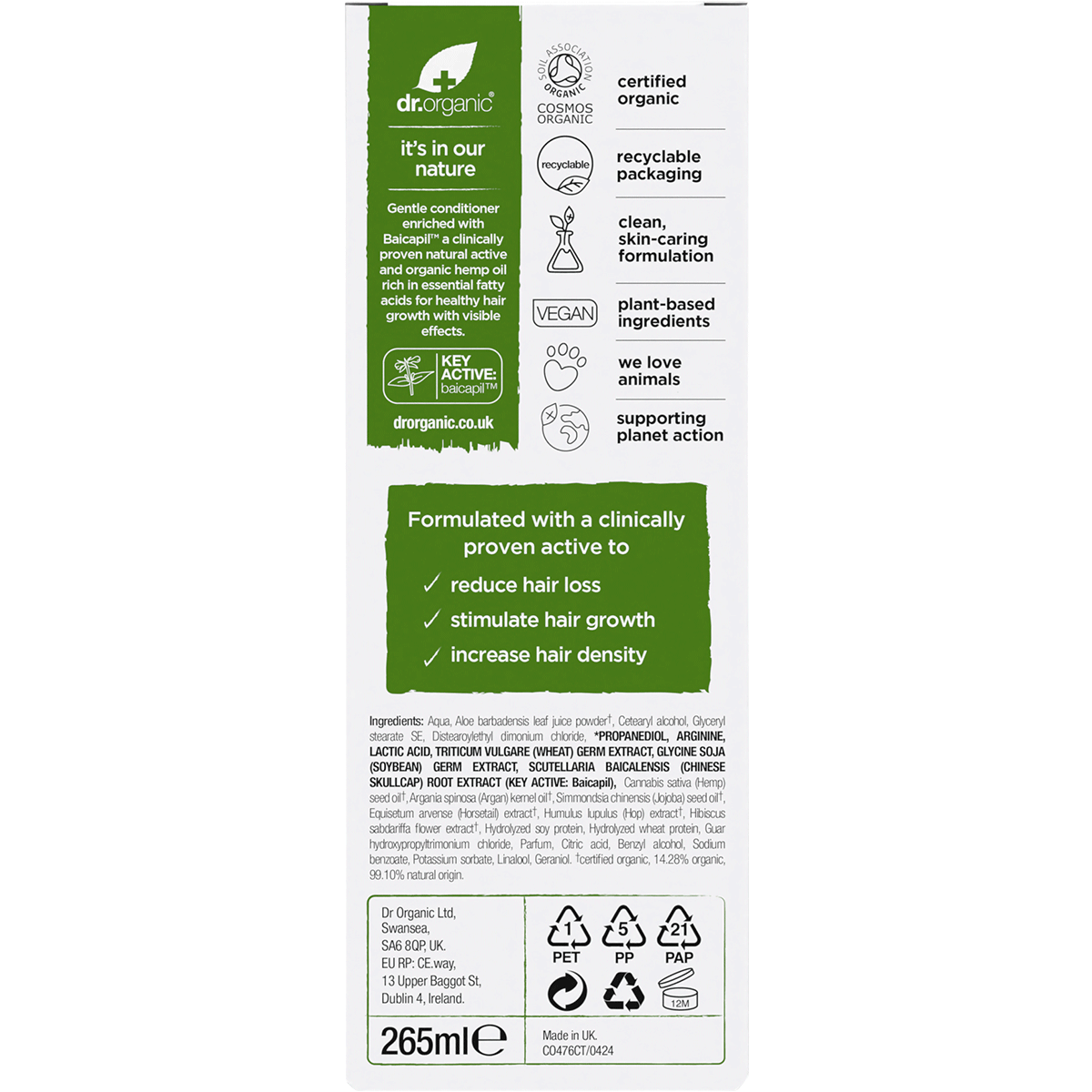 Back of Dr Organic Hemp Oil Conditioner box with product details, directions, and ingredients on a white background.