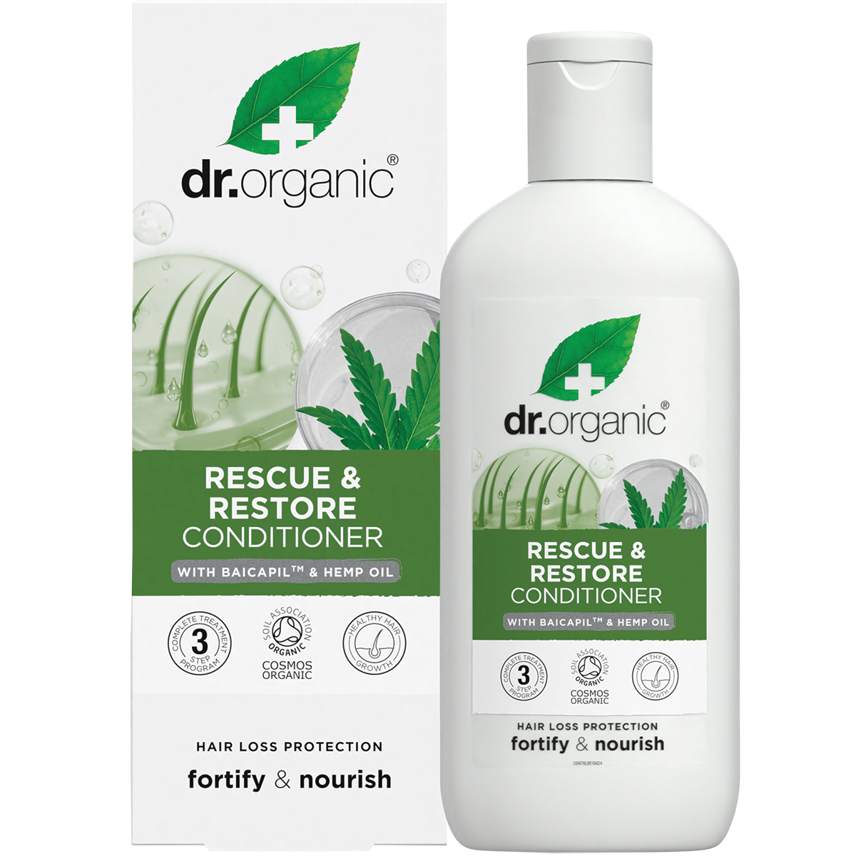 Dr Organic Hemp Oil Conditioner 265ml bottle shown with its green and white matching product box on a white background.