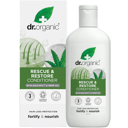 Dr Organic Hemp Oil Conditioner 265ml bottle shown with its green and white matching product box on a white background.