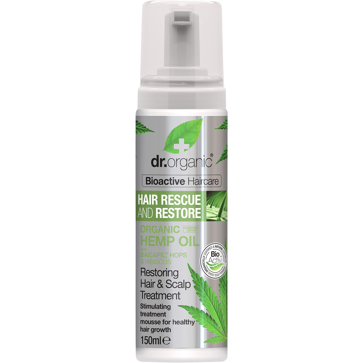 150ml bottle of Dr Organic Hemp Oil Restoring Hair and Scalp Treatment mousse.