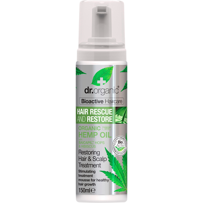 150ml bottle of Dr Organic Hemp Oil Restoring Hair and Scalp Treatment mousse.