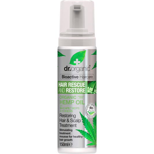 150ml bottle of Dr Organic Hemp Oil Restoring Hair and Scalp Treatment mousse.