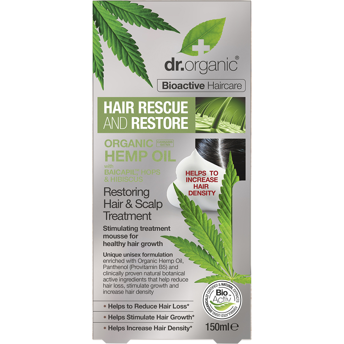 Front of Dr Organic Hemp Oil Hair and Scalp Treatment 150ml box with green leaf illustrations on a white background.