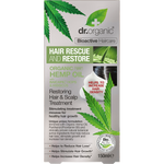 Front of Dr Organic Hemp Oil Hair and Scalp Treatment 150ml box with green leaf illustrations on a white background.