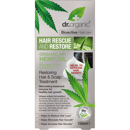 Front of Dr Organic Hemp Oil Hair and Scalp Treatment 150ml box with green leaf illustrations on a white background.