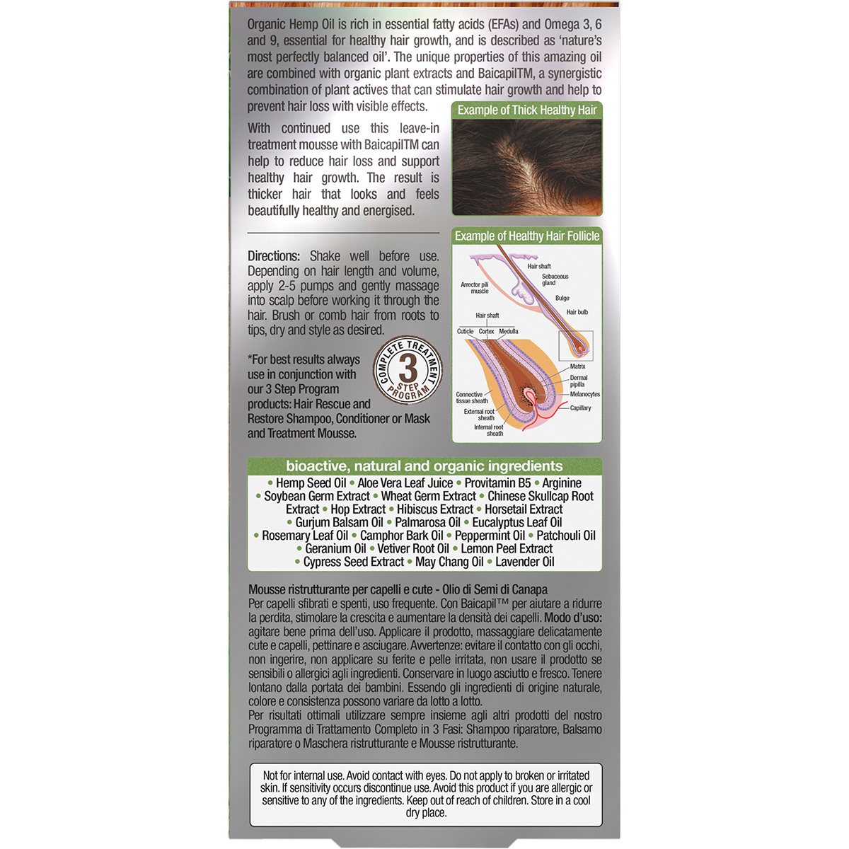 Back of Dr Organic Hemp Oil Hair and Scalp Treatment box with ingredients, directions, and product benefits.