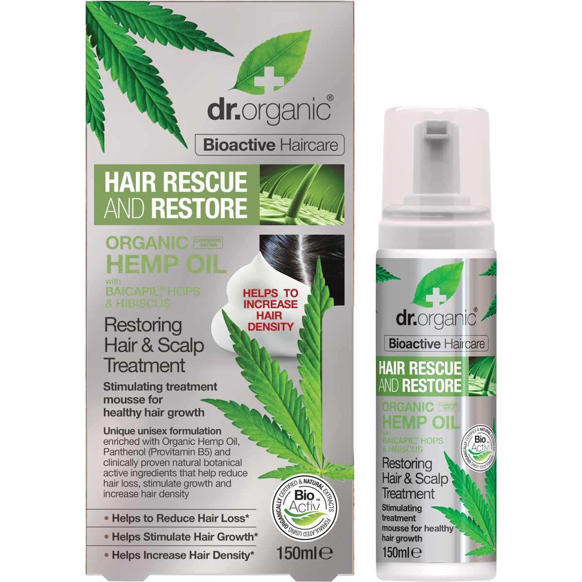 Dr Organic Hemp Oil Hair and Scalp Treatment 150ml bottle and box featuring green leaf illustrations.