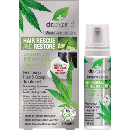 Dr Organic Hemp Oil Hair and Scalp Treatment 150ml bottle and box featuring green leaf illustrations.