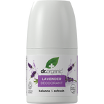 Dr Organic Lavender Roll-On Deodorant 50ml bottle with a purple label featuring lavender flowers.