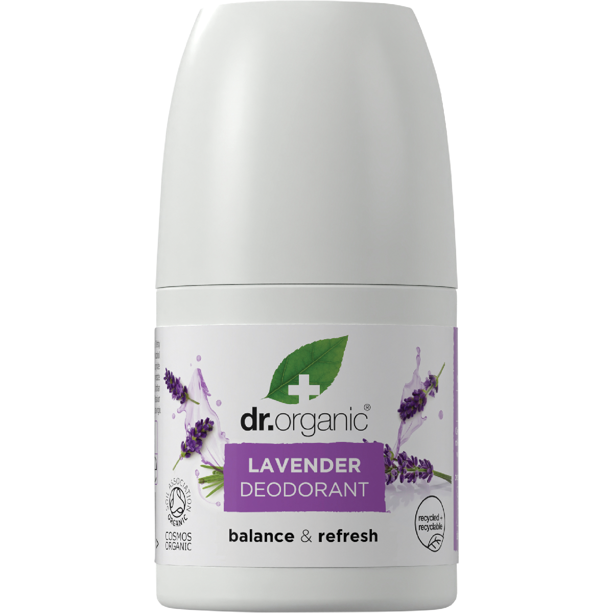 Dr Organic Lavender Roll-On Deodorant 50ml bottle with a purple label featuring lavender flowers.